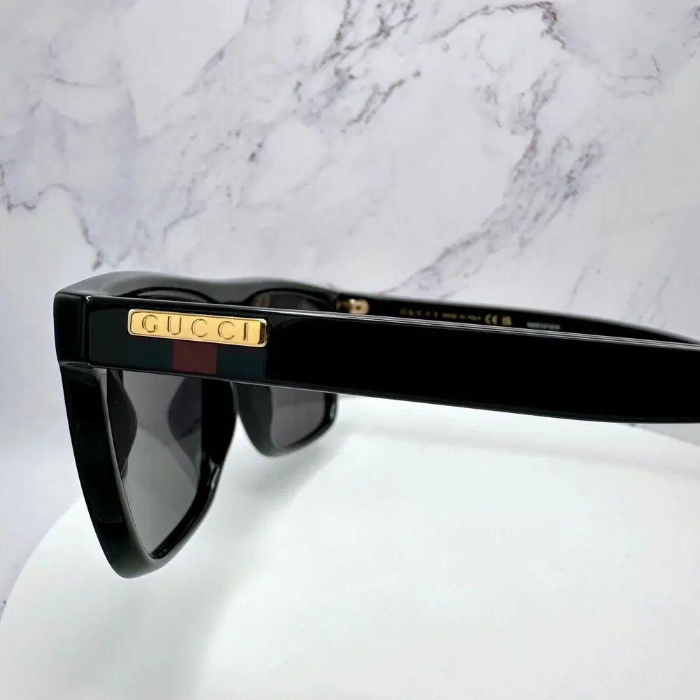 New GUCCI Sunglasses Black Square Aviator Gold Plate Engraved Logo Web Arm GUCCI